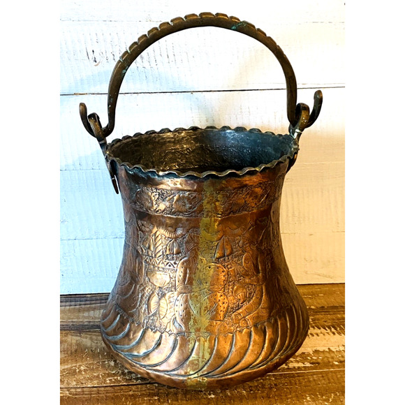Antique Vintage Persian Copper Bucket Pot with Handle 13" Tall Top of Handle - Picture 9 of 13